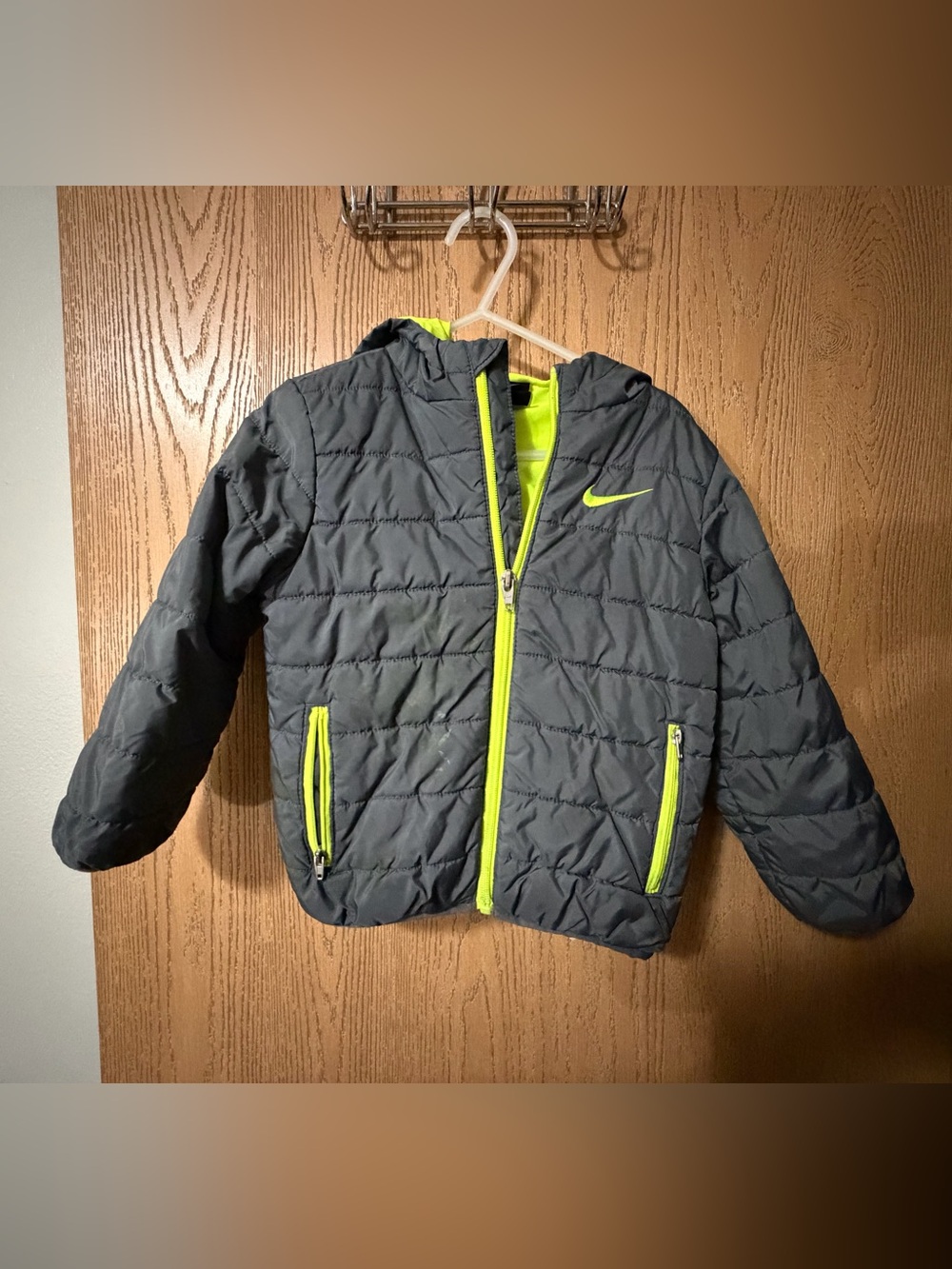 Nike Kids Gray Puffer Jacket with Neon Yellow Accents